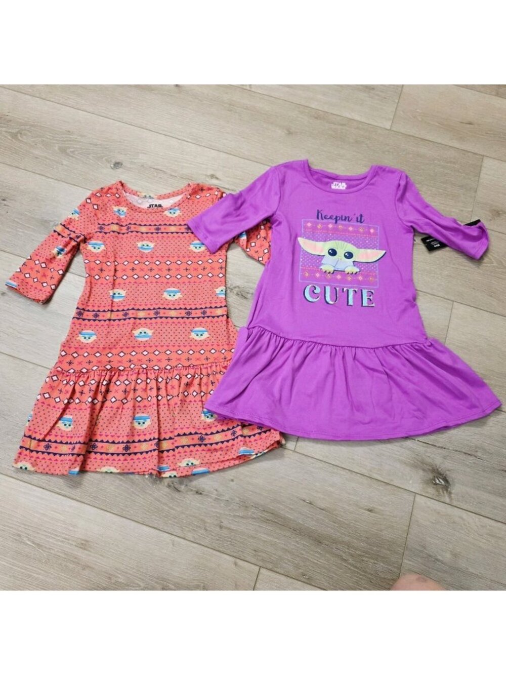 2 Star Wars Mandlorian Grogu Pink Purple Girls 3/4 Sleeve Dress sz 4/5